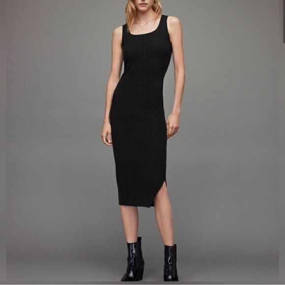 AllSaints NWT Margot Sleeveless Bodycon Ribbed Midi Dress Black Sz Small - Picture 1 of 11